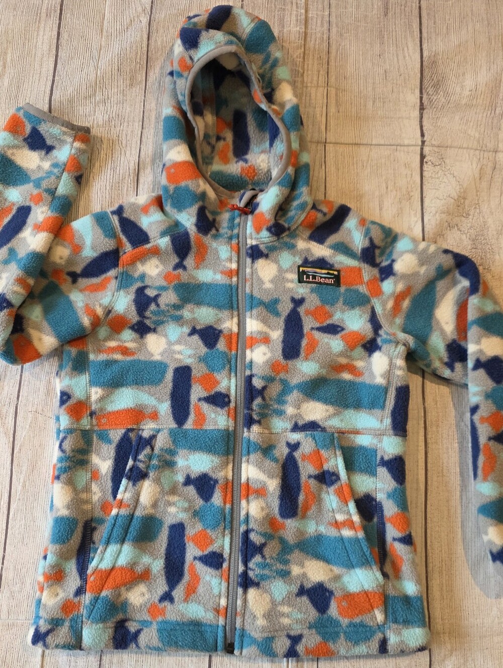 L.L. Bean Kids Size 8 Hi Pile Fleece Full Zip Hooded Jacket Abstract Fish Print